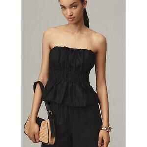 Anthropologie The Somerset Strapless Blouse Womens Medium Black Cropped Smocked
